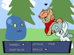  4:3 deep_blue_(oc) digital_media_(artwork) duo english_text equid equine female feral friendship_is_magic fur goo_creature hasbro hi_res himmel_(oc) horn horse male mammal my_little_pony outline pony scarf shinkaku slime_(blob) text young 