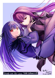  2girls absurdres armor asakou_(n_morninglight) bad_id bad_pixiv_id bodysuit breasts carrying carrying_person dress fate/grand_order fate_(series) feather_trim fur-trimmed_dress fur_trim headpiece highres large_breasts leotard long_hair multiple_girls pantyhose pauldrons purple_bodysuit purple_dress purple_hair purple_leotard purple_ribbon red_eyes ribbon scathach_(fate) scathach_skadi_(fate) shoulder_armor thank_you tiara very_long_hair 