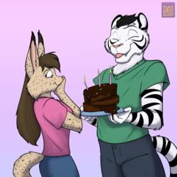  1:1 anthro birthday_cake cake clothed clothing dessert duo felid feline female food foxenawolf fur gradient_background lynx male mammal mark_m&#039;rega markings pantherine pink_nose simple_background spots spotted_body spotted_fur striped_body striped_fur stripes tan_body tan_fur tielle_(tigermark) tiger tongue tongue_out white_body white_fur 