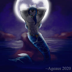  1:1 2020 abs ageaus anthro athletic athletic_anthro athletic_male bare_chest belt blue_hair canid canine canis digital_media_(artwork) full_moon fur grey_body grey_fur hair hands_behind_head jewelry light looking_at_viewer maku_(masterofwolves99) male mammal marine masterofwolves99 merfolk moon moonlight navel necklace night outside partially_submerged pecs rock seductive smile solo split_form water wolf 