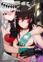  2girls absurdres aqua_gloves arknights ascot bad_id bad_pixiv_id bare_shoulders bikini black_ascot black_bikini black_choker blurry blurry_background bodysuit breasts brown_hair choker collar collarbone commentary_request diving_suit dress dry_suit ear_piercing girls&#039;_frontline girls&#039;_frontline_neural_cloud gloves hair_between_eyes hair_ornament hairclip hand_on_another&#039;s_hand hand_on_another&#039;s_stomach hatsuchiri_(neural_cloud) highres hug hug_from_behind korean_commentary long_hair looking_at_another medium_breasts mole mole_under_eye multiple_girls navel off_shoulder official_alternate_costume open_wetsuit parted_lips piercing red_dress red_eyes skadi_(arknights) skadi_the_corrupting_heart_(arknights) swimsuit upper_body wetsuit white_hair yinqianren yuri 