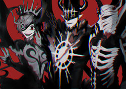  2boys absurdres black_clothes black_clover bone bone_armor breasts chromatic_aberration cleavage clock dante_zogratis demon_boy demon_girl demon_horns demon_wings eyepatch facial_hair facial_mark female frit_2 goatee hair_strand high_collar highres horns long_eyelashes moustache multiple_boys one_eye_covered open_mouth pointy_ears possessed red_background red_eyes see-through sharp_teeth siblings sideburns simple_background skeleton_costume teeth tiara underboob vanica_zogratis wings zenon_zogratis 