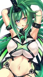  arm_strap armpits arms_up bare_shoulders black_gloves blue_eyes breasts crop_top female gloves green_hair green_heart_(neptunia) headgear highres horns large_breasts long_hair misaki_(nounaikakusan) navel neptune_(series) next_green open_mouth ponytail power_symbol power_symbol-shaped_pupils single_horn smile solo stomach symbol-shaped_pupils 