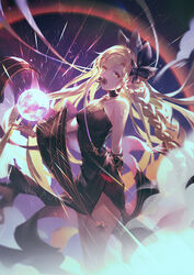  bare_shoulders black_dress black_ribbon blonde_hair braid breasts commentary_request dark-skinned_female dark_skin dress female granblue_fantasy hair_ornament hair_ribbon helel_ben_shalem long_hair looking_at_viewer pacifier ribbon solo tattoo very_long_hair vienri yellow_eyes 