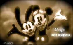  anthro aviator_cap black_body bottomwear brother_(lore) brothers_(lore) clothed clothing disney duo fleischer_style_toon gloves handwear headgear headwear lagomorph leporid male mammal mickey_mouse monochrome mouse murid murine open_mouth oswald_the_lucky_rabbit rabbit rodent sepia sibling_(lore) smile toony twistedterra 