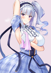  arm_behind_head arm_up armpits azur_lane bad_id bad_twitter_id blue_dress blunt_bangs blush breasts center_frills clothing_cutout dido_(azur_lane) dido_(muse)_(azur_lane) dress female framed_breasts frilled_hairband frills grey_hair hairband highres idol idol_clothes inactive_account large_breasts long_hair looking_at_viewer plaid plaid_skirt presenting_armpit purple_eyes side_ponytail skirt smile steaming_body super_nagoyaka towel underboob underboob_cutout wiping_sweat 