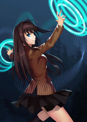  absurdres antenna_hair aozaki_aoko black_skirt black_socks blazer blue_eyes brown_hair brown_jacket buttons closed_mouth commentary_request cqqz0707 female floating_hair from_behind hair_intakes highres jacket long_hair long_sleeves looking_at_viewer magic magic_circle mahou_tsukai_no_yoru miniskirt pleated_skirt pocket school_uniform sidelocks skirt smile socks solo uniform 