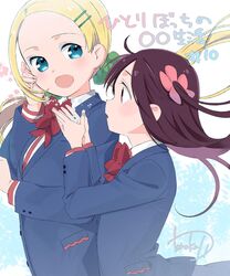  2girls :d artist_name blazer blonde_hair blue_jacket blush bow bowtie brown_hair collared_shirt commentary_request copyright_name episode_number floating_hair flower forehead from_side green_eyes hair_flower hair_ornament hairclip hand_on_own_cheek hand_on_own_face hand_up highres hitori_bocchi hitoribocchi_no_marumaru_seikatsu jacket long_hair looking_at_another looking_at_viewer multiple_girls open_mouth pink_flower red_bow red_eyes school_uniform shirt side_ponytail signature smile sotoka_rakita tanaka_kii upper_body white_shirt 