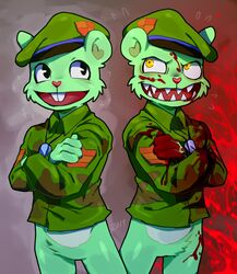  anthro belly blood bodily_fluids bottomless bottomless_anthro bottomless_male clothed clothing countershade_belly countershading daxratchet flippy_(htf) fliqpy_(htf) fur green_body green_fur happy_tree_friends hat headgear headwear hi_res male mammal split_personality 