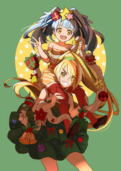  2girls bell black_footwear blonde_hair blue_hair blue_ribbon carrying christmas christmas_ornaments commentary da_huang dress english_commentary eyes_visible_through_hair flower garland_(decoration) gift green_background green_dress grin hair_ornament hair_ribbon holly hoshikawa_lily jingle_bell leaning_forward light_blue_hair light_green_hair long_hair medium_dress medium_hair multicolored_hair multiple_girls nikaidou_saki open_mouth orange_hair orange_thighhighs red_flower ribbon shoes short_dress shoulder_carry smile snowman star_(symbol) star_hair_ornament strapless strapless_dress streaked_hair thighhighs twintails very_long_hair w yellow_dress yellow_eyes zombie_land_saga 