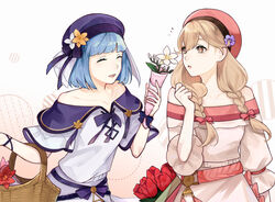  2girls bad_id bad_twitter_id basket blonde_hair blue_hair bow braid brown_eyes closed_eyes dress faye_(fire_emblem) faye_(valentine)_(fire_emblem) fire_emblem fire_emblem_echoes:_shadows_of_valentia fire_emblem_heroes flower hairbow hat holding long_hair multiple_girls open_mouth same2725 short_hair silque_(fire_emblem) silque_(valentine)_(fire_emblem) twin_braids upper_body 