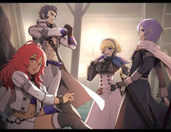  2boys 2girls abs balthus_von_albrecht belt black_eyes black_footwear black_hair blonde_hair blue_thighhighs boots bracelet breasts chains clenched_hand coat colored_inner_hair commentary_request constance_von_nuvelle crop_top cropped_jacket dark_skin drill_hair fire_emblem fire_emblem:_three_houses folding_fan garreg_mach_monastery_uniform gauntlets gonzarez hair_slicked_back hairband hand_fan hand_on_own_hip hand_on_own_knee hapi_(fire_emblem) high-waist_skirt indoors jacket jewelry light_particles long_hair long_sleeves looking_at_viewer medium_breasts midriff miniskirt multicolored_hair multiple_boys multiple_girls muscular navel one_eye_closed open_clothes open_coat open_mouth pants parted_lips profile purple_eyes purple_hair red_eyes red_hair scabbard scarf sheath sheathed short_hair side_drill single_thighhigh sitting skirt standing sword thigh_boots thighhighs thighhighs_under_boots two-tone_hair weapon white_coat white_jacket white_pants white_skirt yuri_leclerc zettai_ryouiki 