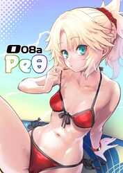  bikini blonde_hair breasts fate/apocrypha fate/grand_order fate_(series) female front-tie_bikini_top front-tie_top green_eyes hair_ornament hair_scrunchie highres looking_at_viewer mordred_(fate) mordred_(swimsuit_rider)_(fate) mordred_(swimsuit_rider)_(second_ascension)_(fate) mozu_(peth) navel ponytail red_bikini red_scrunchie scrunchie side-tie_bikini_bottom sitting small_breasts solo swimsuit 