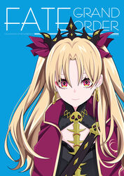  absurdres artist_name black_dress blonde_hair blue_background cloak closed_mouth commentary_request copyright_name dress earrings english_text ereshkigal_(fate) eyebrows_hidden_by_hair fate/grand_order fate_(series) female glowing glowing_eyes gold_trim hair_between_eyes hair_ribbon highres infinity_symbol jewelry long_hair multicolored_eyes parted_bangs pink_eyes purple_cloak purple_ribbon ribbon simple_background skull smile solo spine strap text_background tiara two_side_up upper_body very_long_hair yuuta_(yuuta0312) 