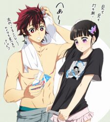  1boy black_hair black_shirt blunt_bangs butterfly_hair_ornament closed_mouth collarbone female grey_pants groin hair_ornament holding kamado_tanjirou kimetsu_no_yaiba long_hair miniskirt multicolored_hair navel pants pink_skirt print_shirt purple_eyes red_eyes red_hair san_mon scar scar_on_face scar_on_forehead shirt shirt_tug short_hair short_sleeves side_ponytail skirt t-shirt towel towel_around_neck tsuyuri_kanao two-tone_hair 