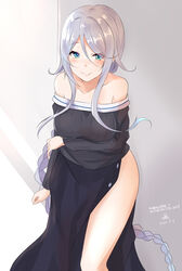  alternate_costume aqua_eyes bare_shoulders black_dress blush braid breast_hold breasts dress female highres kantai_collection large_breasts leaning_forward looking_at_viewer mole mole_under_eye saku_(kudrove) single_braid solo translation_request umikaze_(kancolle) white_hair 