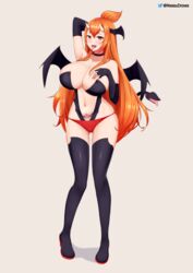  arm_up black_footwear black_gloves blush boots breasts cleavage collarbone commission demon_girl demon_horns demon_tail demon_wings elbow_gloves female fingerless_gloves full_body gloves highres horns large_breasts long_hair looking_at_viewer nessu_(nnn07897) open_mouth orange_eyes orange_hair original revealing_clothes smile solo tail thigh_boots thighhighs tongue tongue_out very_long_hair wings 