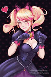  animal_ears black_cat_d.va black_dress black_gloves blonde_hair breasts cat_ears cleavage closed_mouth commentary d.va_(overwatch) dress earrings facepaint facial_mark female gloves heart heart_earrings jewelry lolita_fashion looking_at_viewer official_alternate_costume overwatch overwatch_1 photoshop_(medium) prywinko puffy_sleeves solo twintails 