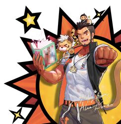  &gt;_&lt; 1boy alca_(wakatanka4) animal_ears bara beard black_hair book censored clenched_hand commission covered_abs extra_ears facial_hair grey_shorts gyee holding holding_book incoming_fist_bump jin_(sirius-j) lion_boy lion_ears lion_tail looking_at_viewer male_focus mature_male mosaic_censoring muscular muscular_male open_clothes open_shirt original pectorals shirt short_hair shorts smile solo tail tail_raised thick_eyebrows undercut white_shirt 