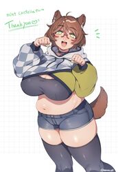  abstract_background absurdres ahoge animal_ear_fluff animal_ears artist_name bad_id bad_twitter_id belly breasts brown_hair checkered cleavage collar commentary commentary_request commission cropped_hoodie dog_ears dog_girl dog_tail edie_crop_hoodie feet_out_of_frame female framed_breasts glasses green_eyes green_nails grid_background hair_between_eyes heart highres hood hoodie huge_breasts indie_virtual_youtuber long_sleeves looking_at_viewer medium_hair meme_attire midriff mint_castella muroku_(aimichiyo0526) navel open_mouth paw_pose plump red-framed_eyewear second-party_source semi-rimless_eyewear short_shorts shorts skeb_commission solo standing tail thick_thighs thighhighs thighs twitter_username under-rim_eyewear virtual_youtuber white_background 