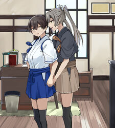  2girls black_thighhighs blue_hakama book breasts brown_hakama green_eyes grey_hair hair_between_eyes hair_ribbon hakama hakama_skirt indoors japanese_clothes kaga_(kancolle) kantai_collection long_hair multiple_girls open_mouth parted_lips ponytail ribbon samonasu17 side_ponytail skirt standing sweat tasuki thighhighs twintails white_ribbon wooden_floor yellow_eyes yuri zuikaku_(kancolle) zuikaku_kai_ni_(kancolle) 