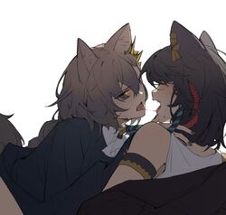  2girls after_kiss akechi_(826988799) animal_ears arknights armband ascot assertive_female bare_shoulders black_jacket black_nails blush braid brown_hair commentary dress earclip eye_contact face-to-face hair_ornament hand_on_another&#039;s_chin hand_on_another&#039;s_shoulder highres jacket long_hair looking_at_another lunacub_(arknights) medium_hair multiple_girls nail_polish oerba_yun_fang open_mouth orange_eyes penance_(arknights) shirt simple_background sweatdrop symbol-only_commentary tail tongue tongue_out white_ascot white_background white_dress white_shirt wolf_ears wolf_girl wolf_tail yuri 