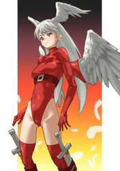  absurdres angel_wings belt breasts commentary feathers female final_fantasy final_fantasy_tactics gradient_background grey_hair head_wings highleg highleg_leotard highres leotard long_hair looking_away medium_breasts multiple_wings red_eyes red_leotard red_thighhighs simple_background solo sword tanabe_(fueisei) thighhighs ultima_(fft) weapon white_wings wings 