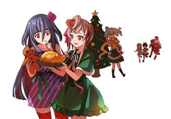  1boy 6+girls blonde_hair blue_dress blue_hair brown_hair cape christmas christmas_tree commentary da_huang dress drooling english_commentary food frilled_dress frills gift gingerbread_man green_cape green_dress hair_ornament hair_ribbon heart heart_hair holding holding_food holding_plate hoshikawa_lily konno_junko leotard light_green_hair long_hair looking_at_another minamoto_sakura mizuno_ai multicolored_hair multiple_girls nikaidou_saki open_mouth orange_hair pink_ribbon plate red_eyes red_leotard ribbon romero_(zombie_land_saga) running short_dress short_hair_with_long_locks sidelocks simple_background smile standing streaked_hair striped_clothes striped_dress tatsumi_koutarou thighhighs turkey_(food) vertical-striped_clothes vertical-striped_dress waving white_background yamada_tae yuugiri_(zombie_land_saga) zombie_land_saga 