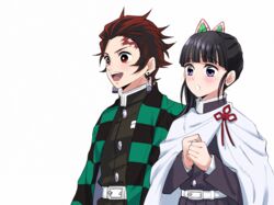  1boy :d belt belt_buckle black_hair black_jacket black_skirt blush buckle butterfly_hair_ornament cape checkered_haori demon_slayer_uniform earrings female hair_ornament haori jacket japanese_clothes jewelry kamado_tanjirou kimetsu_no_yaiba long_hair long_sleeves multicolored_hair open_mouth pleated_skirt purple_eyes red_eyes red_hair red_ribbon ribbon san_mon scar scar_on_face scar_on_forehead short_hair side_ponytail simple_background skirt smile tsuyuri_kanao two-tone_hair upper_body white_background white_belt white_cape 