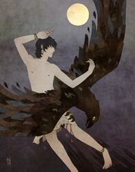  1boy bird black_hair blood crow driftwoodwolf earrings full_moon ganymede_(mythology) greek_mythology injury jewelry male_focus moon original solo_focus talons teeth wings yellow_eyes zeus_(mythology) 