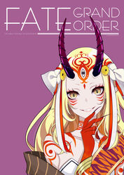  absurdres artist_name bare_shoulders blonde_hair bow brown_eyes collarbone commentary_request copyright_name english_text facial_mark fate/grand_order fate_(series) female fingernails forehead_mark grin hair_ornament hairbow hand_up highres horns ibaraki_douji_(fate) long_hair looking_at_viewer oni oni_horns purple_nails sharp_fingernails smile solo strapless upper_body very_long_fingernails white_bow yuuta_(yuuta0312) 