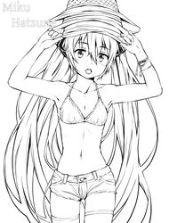  alternate_costume armpits bikini bikini_top_only blush bracelet breasts character_name cleavage commentary_request cowboy_shot female greyscale hair_between_eyes hair_ornament hat hatsune_miku highres jewelry kitsunerider long_hair looking_at_viewer medium_breasts monochrome navel open_mouth short_shorts shorts simple_background solo stacked_hats swimsuit thighhighs twintails very_long_hair vocaloid 