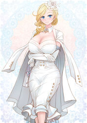  arms_under_breasts azur_lane bag blonde_hair blue_eyes blush breasts bride cleavage coat coat_on_shoulders commentary_request crossed_arms dress duplicate earrings elbow_gloves female flower gloves hair_flower hair_ornament hair_over_shoulder handbag highres holding holding_bag hood_(azur_lane) hood_(dawnlight&#039;s_dame)_(azur_lane) jewelry large_breasts long_skirt necklace official_alternate_costume open_clothes open_coat pixel-perfect_duplicate rose sai-go skirt smile standing wedding_dress white_bag white_coat white_dress white_flower white_gloves white_rose 