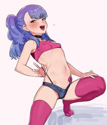  belly blue-haired_girl_(suisogenshi) blue_hair blush borrowed_character breasts choker condom condom_in_clothes condom_wrapper crop_top female highres navel original pink_thighhighs sexually_suggestive short_shorts shorts side_ponytail small_breasts solo suisogenshi thighhighs 