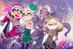  +_+ 4girls adapted_costume alternate_costume aqua_eyes arm_grab black_gloves black_legwear blunt_bangs blurry blurry_background breasts brown_eyes building callie_(splatoon) cellphone cephalopod_eyes chichi_band christmas cleavage collar commentary cousins crop_top crown dark-skinned_female dark_skin depth_of_field detached_collar dress dutch_angle fangs fingerless_gloves fur-trimmed_dress fur_trim gloves gradient_hair green_dress green_hair green_headwear green_santa_costume grey_hair grey_legwear groin hand_on_own_hip hat headphones holding holding_phone inkling locked_arms long_hair looking_at_another marie_(splatoon) marina_(splatoon) md5_mismatch medium_breasts medium_hair merry_christmas mole mole_under_eye mole_under_mouth multicolored_hair multiple_girls navel night night_sky octoling open_mouth outdoors pantyhose pearl_(splatoon) phone pink_pupils puckered_lips pun purple_hair red_dress red_headwear santa_costume santa_hat see-through selfie sharp_teeth short_dress short_hair side-by-side sky sleeveless sleeveless_jacket smartphone smile sparkle splatoon_(series) standing suction_cups teeth tentacle_hair tilted_headwear very_long_hair white_collar white_gloves white_hair white_legwear yellow_dress yellow_eyes yellow_headwear zipper_pull_tab 