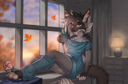  2023 5_fingers arm_support autumn ava_corvus_(zeliska) beverage blue_clothing blue_footwear blue_socks blue_sweater blue_topwear breasts calf_socks canid canine canis claws clothed clothing cloud container cup digital_media_(artwork) drawers falling_leaves female fingers footwear full-length_portrait furniture_lamp grey_eyes grey_hair hair hi_res hindpaw holding_beverage holding_container holding_cup holding_mug holding_object hot_beverage inner_ear_fluff inside legwear long_socks looking_at_viewer mammal monotone_clothing monotone_footwear monotone_socks mug novery pawpads paws pink_pawpads portrait shaded sitting sky socks solo sweater sweater_dress thick_socks toe_claws topwear tuft window wolf 