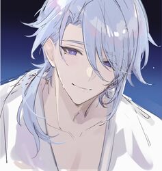  1boy blue_eyes blue_hair blush collarbone genshin_impact gumilkx hair_between_eyes highres kamisato_ayato looking_at_viewer male_focus medium_hair mole mole_under_mouth portrait smile solo 