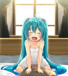  1boy :d ^_^ aged_down ahoge aqua_eyes aqua_hair bloomers blush camisole closed_eyes commentary_request curtains female hair_bobbles hair_ornament hatsune_miku highres kitsunerider long_hair oerba_yun_fang open_mouth pov revision smile solo_focus straddling strap_slip twintails underwear very_long_hair vocaloid window 