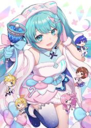  2boys 4girls absurdres ashika_(yftcc948) bell blonde_hair blue_eyes blue_gloves blue_hair blue_thighhighs breasts brown_eyes brown_hair chibi commentary dress floating fur-trimmed_dress fur-trimmed_headwear fur_trim gloves hatsune_miku headphones headset highres holding holding_bell kagamine_len kagamine_rin kaito_(vocaloid) long_hair looking_at_viewer magical_mirai_(vocaloid) magical_mirai_kaito magical_mirai_kaito_(2020_winter) magical_mirai_len magical_mirai_len_(2020_winter) magical_mirai_luka magical_mirai_luka_(2020_winter) magical_mirai_meiko magical_mirai_meiko_(2020_winter) magical_mirai_miku magical_mirai_miku_(2020_winter) magical_mirai_rin magical_mirai_rin_(2020_winter) medium_breasts megurine_luka meiko_(vocaloid) multiple_boys multiple_girls one_eye_closed open_mouth pink_hair short_hair single_thighhigh smile solo_focus star_(symbol) star_print thighhighs twintails vocaloid 