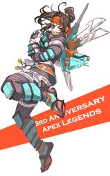  animification anniversary apex_legends black_gloves black_hair black_pants brown_eyes clenched_hand cloud_marauder_valkyrie copyright_name eyeshadow floating_hair gloves headband highres jetpack kogane_mushi looking_at_viewer makeup official_alternate_costume orange_headband pants ponytail red_eyeshadow v-shaped_eyebrows valkyrie_(apex_legends) white_background 