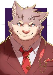  aged_up anthro clothed clothing domestic_cat dress_shirt felid feline felis fur grey_body grey_fur hi_res jacket lifewonders looking_at_viewer loose_feather male mammal multicolored_body multicolored_fur necktie shirt simple_background sitri_(tas) solo tokyo_afterschool_summoners topwear two_tone_body two_tone_fur watoson whiskers white_body white_fur 