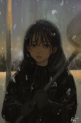  black_eyes black_gloves black_hair coat commentary_request female forest gloves long_hair looking_at_viewer nature night night_sky original outdoors parted_lips shovel sky snow snow_shovel snowing solo winter_clothes winter_coat yureru_(junn7603) 