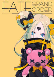  abigail_williams_(fate) abigail_williams_(traveling_outfit)_(fate) absurdres artist_name bad_id bad_pixiv_id black_bow black_jacket blonde_hair blue_eyes bow commentary_request copyright_name covered_mouth eyebrows_hidden_by_hair fate/grand_order fate_(series) female hair_bun hairbow heart highres hugging_object jacket long_hair long_sleeves looking_at_viewer multiple_hair_bows official_alternate_costume orange_background orange_bow parted_bangs polka_dot polka_dot_bow simple_background single_hair_bun sleeves_past_wrists solo stuffed_animal stuffed_toy teddy_bear upper_body yuuta_(yuuta0312) 