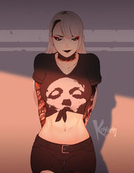  arm_tattoo arms_behind_back artist_name belt black_choker black_hair black_lips blunt_bangs breasts choker cowboy_shot crop_top eyeshadow female highres koyorin long_hair looking_at_viewer makeup medium_breasts midriff mina_(koyorin) multicolored_hair navel neck_tattoo original pants shirt solo tattoo tied_shirt toned torn_clothes torn_pants two-tone_hair white_hair 