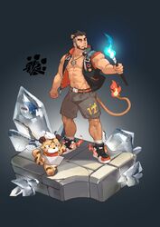  1boy abs alca_(wakatanka4) animal_ears bara bare_pectorals beard black_hair black_jacket bulge chest_hair commission dark-skinned_male dark_skin extra_ears facial_hair full_body grey_shorts gyee highres jacket lion_boy lion_ears lion_tail male_focus mature_male muscular muscular_male navel navel_hair nipples open_clothes open_jacket original pectorals selkiro short_hair shorts sleeveless sleeveless_jacket solo standing stomach tail thick_eyebrows undercut 