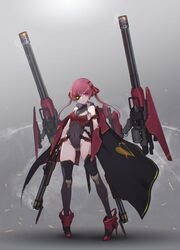  adapted_costume bayonet breasts cape cleavage collar commentary_request covered_navel dual_wielding eyepatch female full_body gatling_gun gun hair_ribbon heart high_heels highleg highleg_leotard highres holding hololive houshou_marine houshou_marine_(1st_costume) leotard long_hair mecha_musume medium_breasts multiple_weapons oota_youjo red_eyes red_footwear red_hair red_ribbon ribbon rifle see-through see-through_cleavage see-through_leotard smile smoke solo twintails virtual_youtuber weapon 