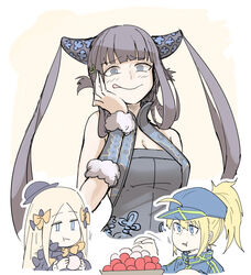  3girls abigail_williams_(fate) ahoge artoria_pendragon_(fate) bad_id bad_pixiv_id bare_shoulders baseball_cap black_bow black_dress black_headwear blonde_hair blue_eyes blue_headwear blue_jacket blunt_bangs blush bow breasts china_dress chinese_clothes cleavage commentary_request cropped_jacket detached_sleeves dress eating fate/grand_order fate_(series) forehead hair_ornament hair_through_headwear hat jacket kankan33333 large_breasts leaf_hair_ornament licking_lips long_hair looking_at_viewer lychee multiple_bows multiple_girls mysterious_heroine_xx_(fate) open_mouth orange_bow parted_bangs ponytail purple_hair ringed_eyes shrug_(clothing) sidelocks smile tongue tongue_out twintails very_long_hair yang_guifei_(fate) yang_guifei_(second_ascension)_(fate) 