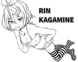  blush breasts camisole camisole_pull character_name cleavage clothes_pull commentary_request downblouse female full_body greyscale grin hair_between_eyes hair_ornament hairclip hand_on_own_hip highres kagamine_rin kitsunerider looking_at_viewer monochrome no_shoes short_hair short_shorts shorts simple_background small_breasts smile solo striped_clothes striped_thighhighs thighhighs vocaloid 