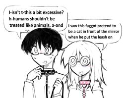  1boy black_collar black_hair blush coke-bottle_glasses collar english_text female franyaoi fudanshi fujoshi glasses heart highres hood hood_down hoodie leash loose_hair_strand medium_hair nose_blush original pink_collar profanity shirt short_hair simple_background slur_(profanity) speech_bubble spiked_collar spikes stutter sweatdrop talking white_background white_hair white_hoodie white_shirt 