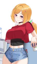  absurdres aki_rosenthal alternate_costume arm_at_side black_choker black_undershirt blonde_hair blue_eyes blue_shorts blush breasts can choker closed_mouth cowboy_shot crop_top crop_top_overhang cropped_shirt cubicle denim denim_shorts detached_hair female green_nails headgear highres holding holding_can hololive indoors large_breasts leaning_on_object linea_alba long_hair looking_at_viewer low_twintails micro_shorts midriff_peek multicolored_nails nail_polish narrow_waist parted_bangs parted_hair pink_nails red_shirt seductive_smile shirt short_hair shorts signature skin_tight smile solo t-shirt tasty_(dudwofla) taut_clothes taut_shirt thick_thighs thighs toned toned_female twintails virtual_youtuber wide_hips 